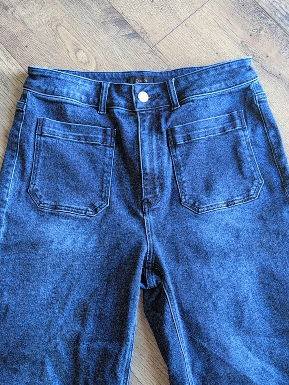 Quince Jeans Stretch High Rise Patch Pocket Wide Leg Size 31, Dark Blue Wash - Picture 3 of 13
